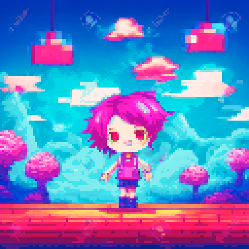 character with vibrant hair, expressive eyes, and a playful smile, surrounded by pixelated cherry blossoms and glowing neon lights, all rendered in the vibrant sRGB color space