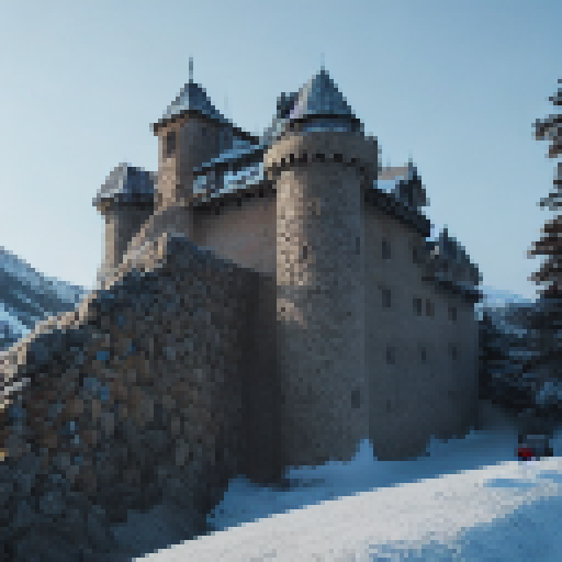 A castle embedded in a mountain, winter, dragons

