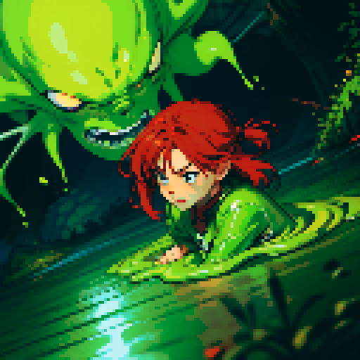hero sinking into slime, hero drowning in slime, hero has red hair