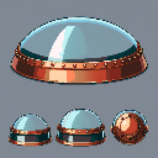 I want a rounded transparent glass half-dome with copper trim and copper rivets around the bottom edge. I want this object usable an asset in a videogame, meaning only one object per image, outlined with a strong black stroke.