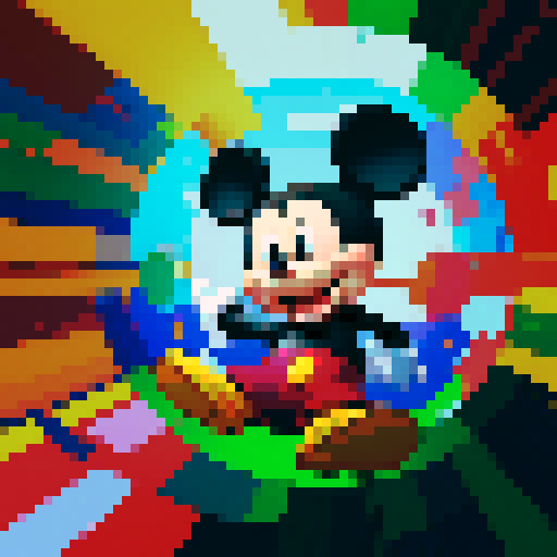 pixel portrait, Mickey Mouse, no background, vibrant colors, playful expression, large round ears, button-like eyes, smiling face, retro vibe, pixelated details, sRGB color space