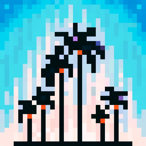 Vibrant orange and pink hues melting into the horizon, silhouettes of palm trees against a pixelated sky, a serene beach scene enveloped in the sRGB color space