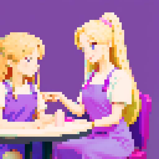 Nail tech with long blonde hair wearing a pink apron and a girl with brown hair wearing a purple dress sitting down facing each other at a table in a nail salon.