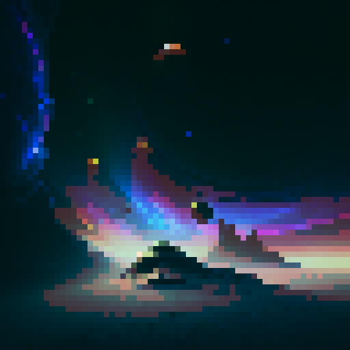 "Chromatic planet with rippling auroras, surrounded by tiny moons that spark like fireflies in the deep space abyss, rendered in a whimsical, painterly style."