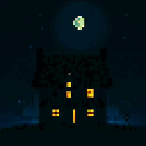 The House That Shouldn't Be There, A neighborhood at night,  mysterious silhouette, eerie moonlight, towering presence, hauntingly vibrant colors, intricate details, nostalgic pixel art