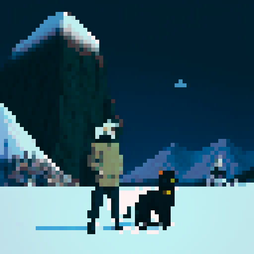 Hatake Kakashi with a black cat with yellow eyes on his shoulders in between towering, snowy mountains