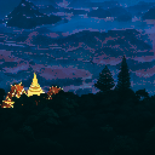 Night view, Thai yellow temple, On mountain, night city below the mountain