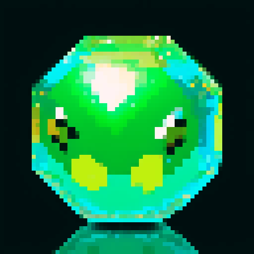 A sparkling, semi-transparent slime with a crystalline structure. It has shimmering facets, bright eyes, and a cheerful smile, with light reflecting inside. No background.
