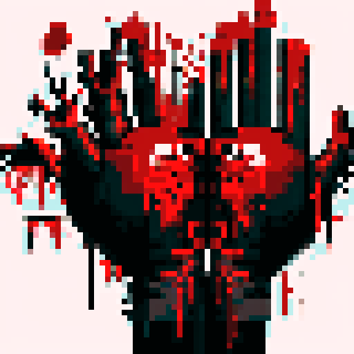 bloody, severed limb, gruesome, red splatters, pixelated, horror, gory detail, low resolution, violence, dark shadows, intense, macabre, graphic, distorted, sRGB colors, textured, unsettling, horror game, pixel art style