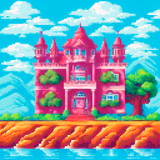 whimsical, colorful, vibrant, mansion by the sea, sRGB, pixel art, background, landscape