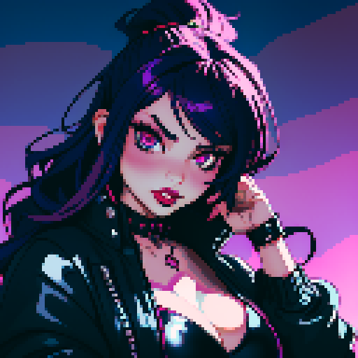 Curvy, busty goth girl, with purple hair, black eyeshadow and red lipstick. wearing bikini and studded collar, sexy seductive glamour shot, vibrant srgb colors, edgy aesthetic