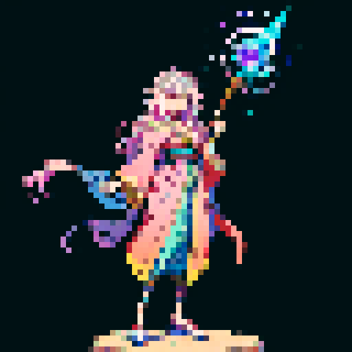 legendary anime girl wizard, long flowing hair, vibrant and dynamic colors, glowing magical staff, intricate and ornate robes, intense and focused expression looking to the right, not wearing shoes, sparkling and shimmering background, detailed and precise pixel art

