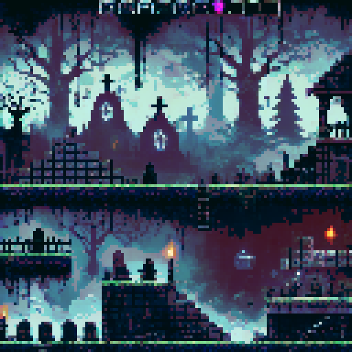 2D platformer level with 8 by 8 pixel tiles, grim vampire hunter themed.
