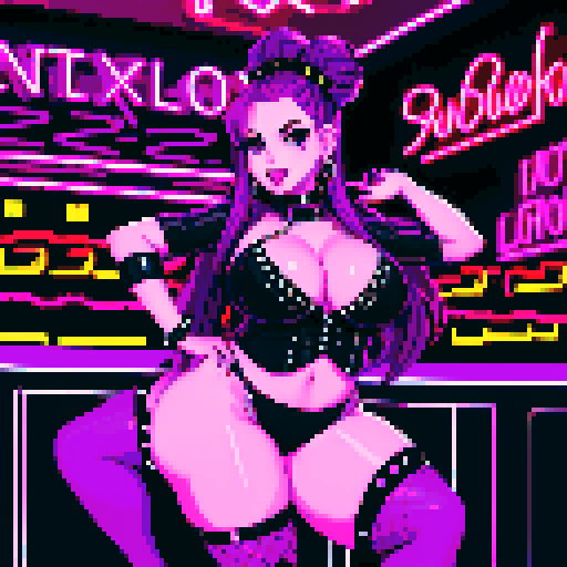 Portrait of Thicc, curvy, busty goth babe with studded collar, long purple hair in buns, fishnet stockings, studded halter top, dancing on nightclub, neon signage. pixel art, sRGB. 