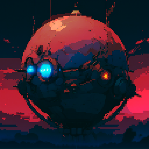 Sphere robotic, metallic sheen, glowing LED lights, mechanical limbs, retro-futuristic, geometric patterns, vibrant colors, low resolution, blocky pixels, 8-bit aesthetic, pixelated details, sharp edges, crisp lines, nostalgic video game vibe