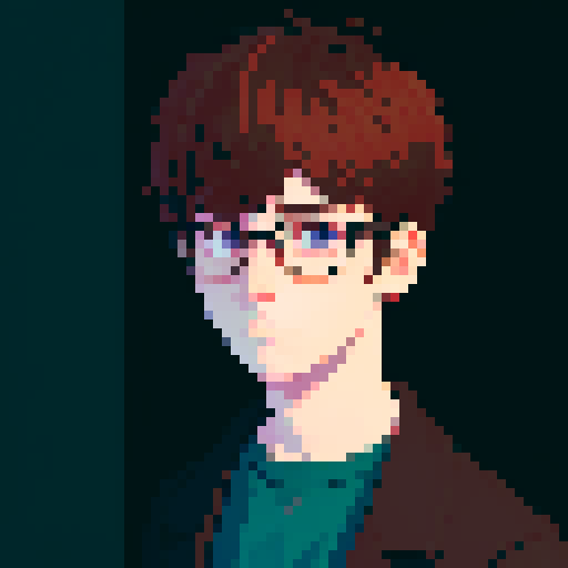 portrait, sprite art, young man, sad, narrow eyes, nerd, muted colors, depressed, city dweller