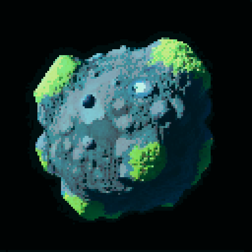 2D asteroid with jagged edges, wireframe outlines, geometric shapes, low-resolution textures, pixelated craters, retro color palette, and sRGB color space, viewed from above