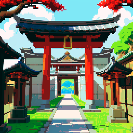 use reference image, shrine gate, raging inferno, pixel art