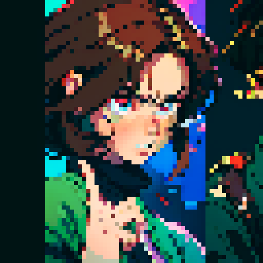 ong brown haired man, disheveled appearance, wide-eyed, frenetic energy, dilated pupils, sleep-deprived, dark circles under eyes, animated expressions, exaggerated hand gestures, vibrant colors, jagged edges, pixelated representation, 8-bit aesthetic, retro-inspired, sRGB color palette