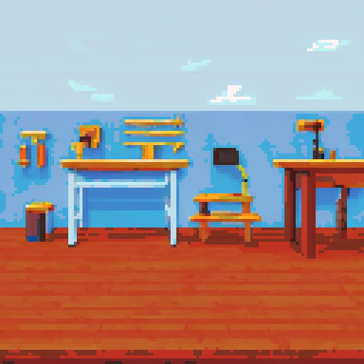A cluttered workshop with wooden boards on the floor, walls adorned with woodworking tools, workbenches scattered with tools, in a 16bit pixel art style
