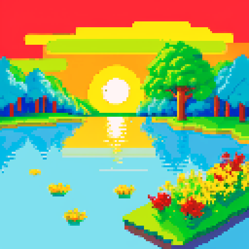 pixel art of a serene landscape of trees and water, and a sunrise with the sun clearly visible in the middle. Bright scene. Foliage and flowers in the forefront. use of simple primary colors of red blue yellow and green. high saturation