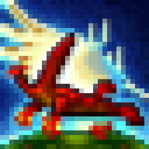 Fiery dragon soaring through misty mountains, knight in shining armor charging with lance, castle in the distance, all in pixel art style.