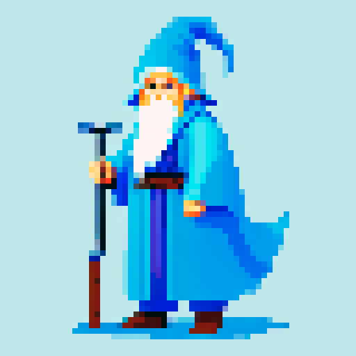 Wizard, pointy hat, sword and staff, long robe, think Gandalf