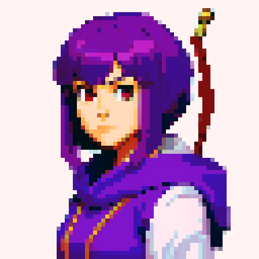 Hooded female archer with short purple hair 