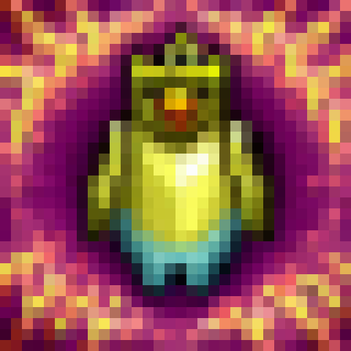Regal penguin princess, adorned with a golden crown and opulent jewels, poses proudly for her 16x16 pixel portrait in a regal and pixelated art style.