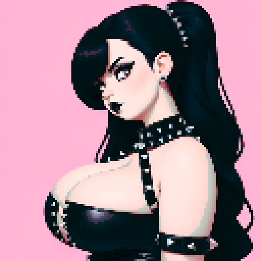 curvy, busty cute goth babe with studded collar, big titty goth wearing halter top, side view, close up glamour shot, pixel art, sRGB