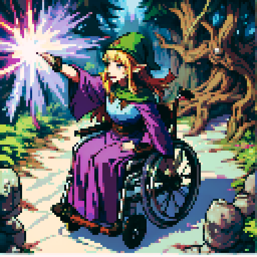 wheelchair-bound elf, magic, forest, pointy hat, vibrant colors, whimsical, pixelated, sRGB