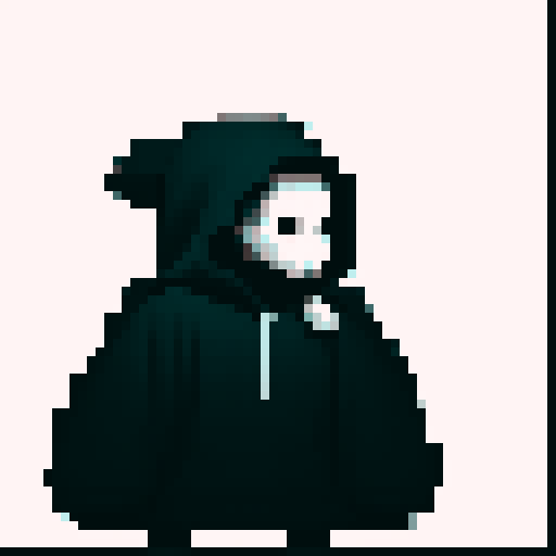 nude, skull-headed figure, hooded sweater, greyscale, monochrome, 1girl, mask covering entire face, sharp lines, sharp pixels, pixel art, sRGB
