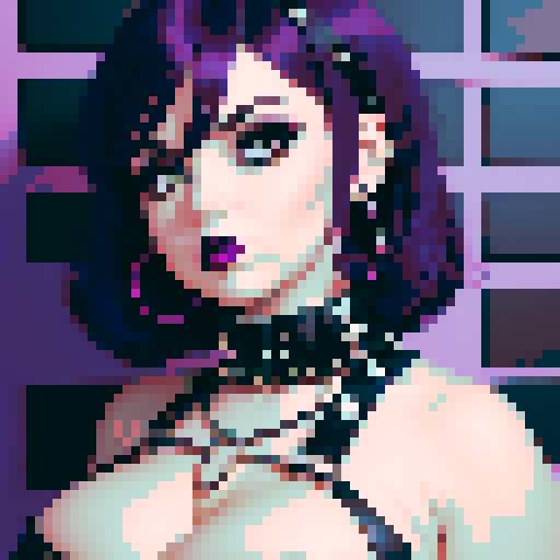 curvy, busty goth babe with studded collar. Full head portrait. big titty goth, in a close up glamour shot. Wearing Halter top. modern tile backsplash.