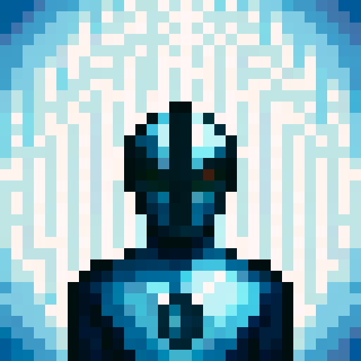 iron guard, game icon, 32x32 pixel art, sRGB, skill art, close up, portrait, determined expression, shiny metallic armor, intricate helmet design, glowing red eyes