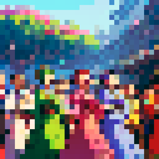 admiration culture, vibrant colors, intricate patterns, bustling crowds, traditional costumes, ornate architecture, blooming flowers, joyful celebrations, animated expressions, dynamic poses, pixelated details