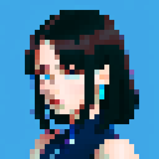 face forward, western style, portrait avatar, woman with shoulder length dark hair, looking at the camera, blue palette, close up