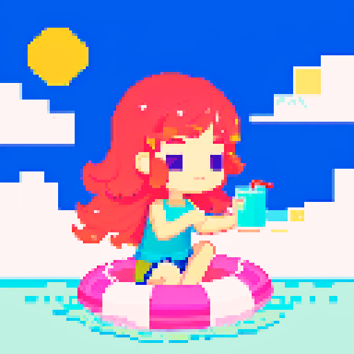 girl on float, holding a brightly colored drink, surrounded by soft sand, with vibrant pixelated waves crashing in the background