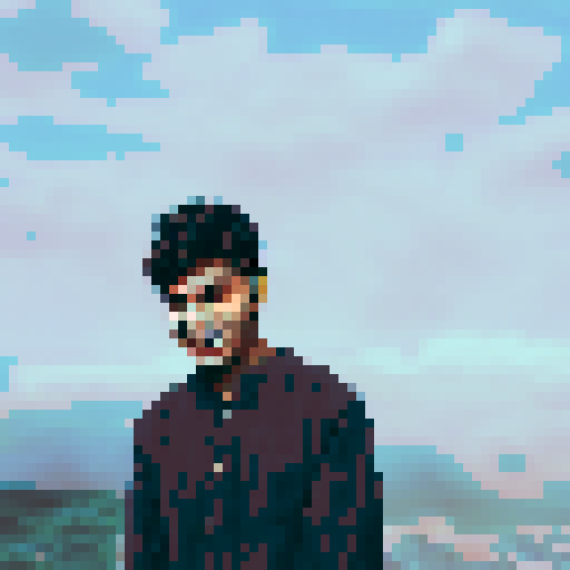 Indian boy with a slightly pointed chin and a warm, friendly smile, warm and medium-tan complexion, large and dark brown eyes with long, dark eyelashes, thick and dark brown eyebrows with a slight arch, medium-sized and slightly rounded nose, wide and expressive mouth with slightly upturned corners, short and black hair with a slight wave, character portrait, close up, anime style, pixel art