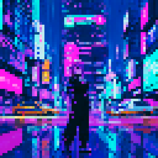 anime-style, cyberpunk, cute character with big, expressive eyes, vibrant neon colors, futuristic cityscape filled with towering skyscrapers and holographic billboards, pixel art aesthetic, glowing neon signs reflecting off rain-soaked streets, characters wearing edgy, futuristic fashion, dramatic lighting casting long shadows, intricate circuitry and glowing cybernetic