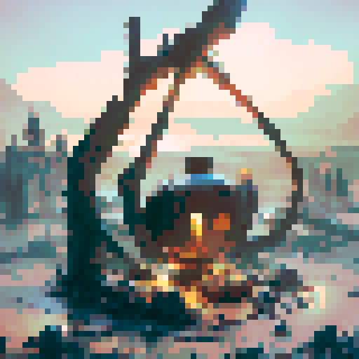 A rustic cauldron, bubbling over a roaring bonfire.