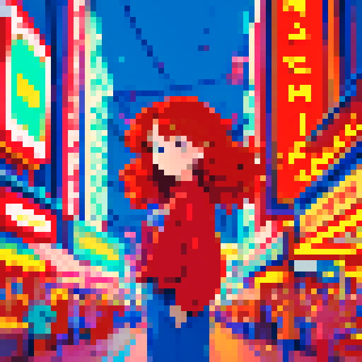 Char, vibrant red hair flowing in the wind, standing tall in front of a whimsical pixelated cityscape, surrounded by colorful characters and neon signs