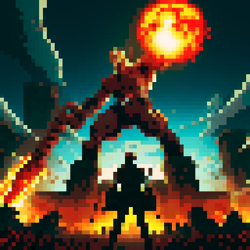 Attack on Titan, colossal titan, epic battle, crumbling walls, intense action, fiery explosions, towering titans, brave soldiers, dramatic poses, dynamic pixel art, vibrant colors, high contrast, intricate details, dramatic lighting, fast-paced movement, adrenaline-fueled scenes, epic scale, dystopian cityscape, steampunk aesthetic