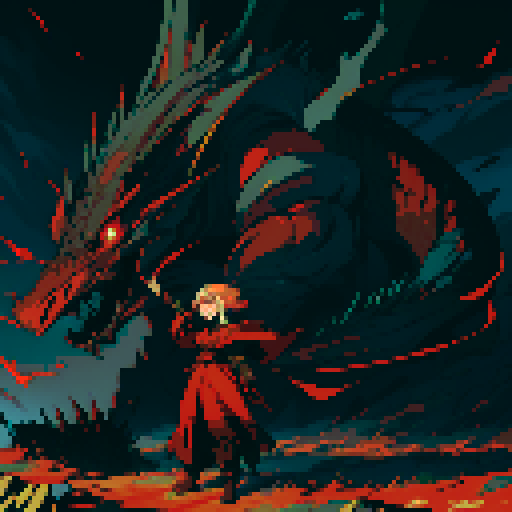 red dragon, fiery scales, sharp claws, fierce expression, towering presence, detailed pixel art, vibrant colors, textured scales, intricate patterns, glowing eyes, majestic wings, powerful tail, smoke billowing from nostrils