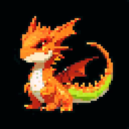 A medium-sized dragon with shimmering red and orange scales. Its wings are fully developed, and it has a fierce expression with flames flickering around its mouth. Its eyes glow with an inner fire, and it stands ready to unleash its fiery breath. No background.
