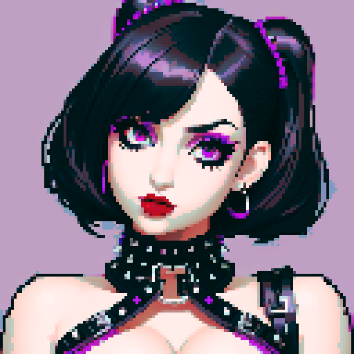 curvy, cute busty goth girl's face, whole head portrait, black hair, purple eyeshadow, red lipstick, low cut black studded leather halter top, studded collar, vibrant sRGB colors, edgy aesthetic. 