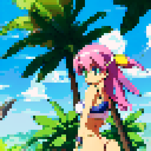 Bikini-clad beauty lounging on a tropical beach, surrounded by palm trees and crystal-clear waters, with her long, flowing hair and curvaceous figure depicted in a vibrant anime style.