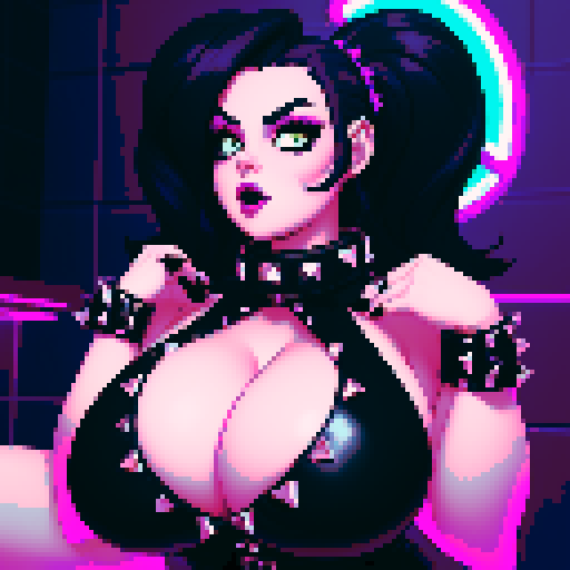 curvy, busty goth babe with studded collar. Nude big titty goth, in a close up nude glamour shot. Neon lighting, modern tile backsplash.