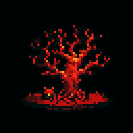 pixel art, sRGB, enemy tree stump with gnarled branches, haunting red eyes, moss-covered bark, sharp thorns, eerie glow, twisted roots, menacing presence, dark and foreboding atmosphere