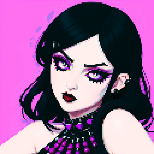 curvy, busty goth girls face, whole head portrait, black hair, purple eyeshadow, red lipstick, low black studded leather halter top, studded collar, vibrant srgb colors, edgy aesthetic. 16 bit anime style