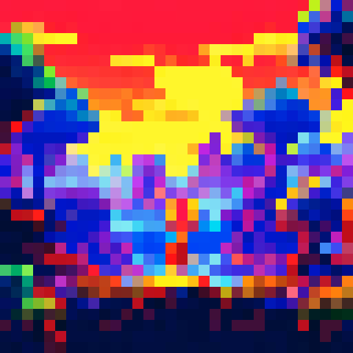 Sun-kissed, doe-eyed anime girl admiring the fiery sky as the sun sets behind a vibrant pixel art landscape, featuring a dreamy sRGB background